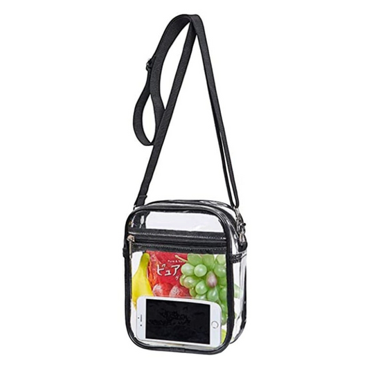 PlantShift clear PVC crossbody bag with black trim, adjustable strap, and front zipper pocket for work security.